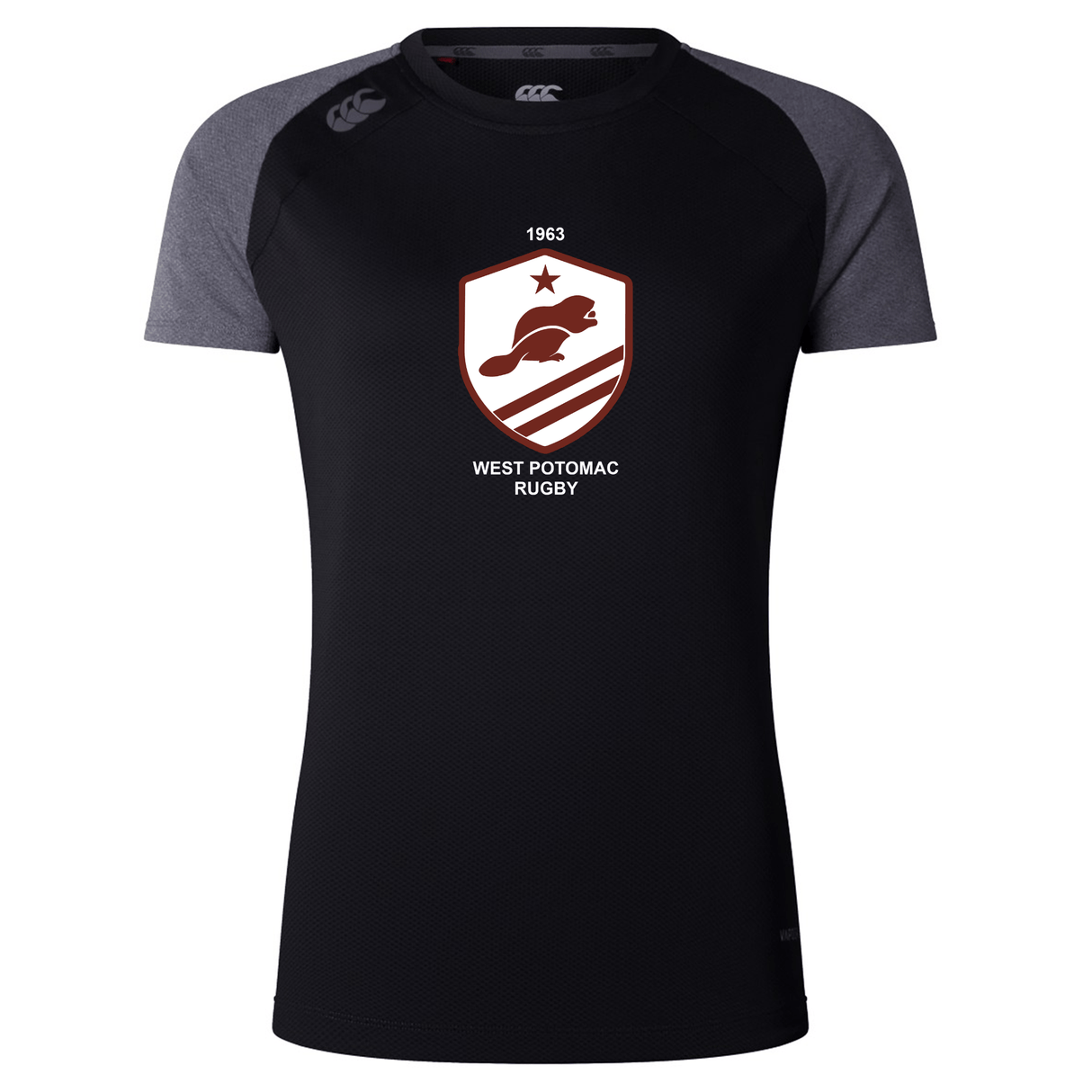The West Potomac RFC Women's Elite Training Tee by WRS Canterbury is a black and gray short-sleeve workout top with a "West Potomac Rugby" logo, leaping animal, star, and 1963—ideal for rugby fans seeking lightweight performance.