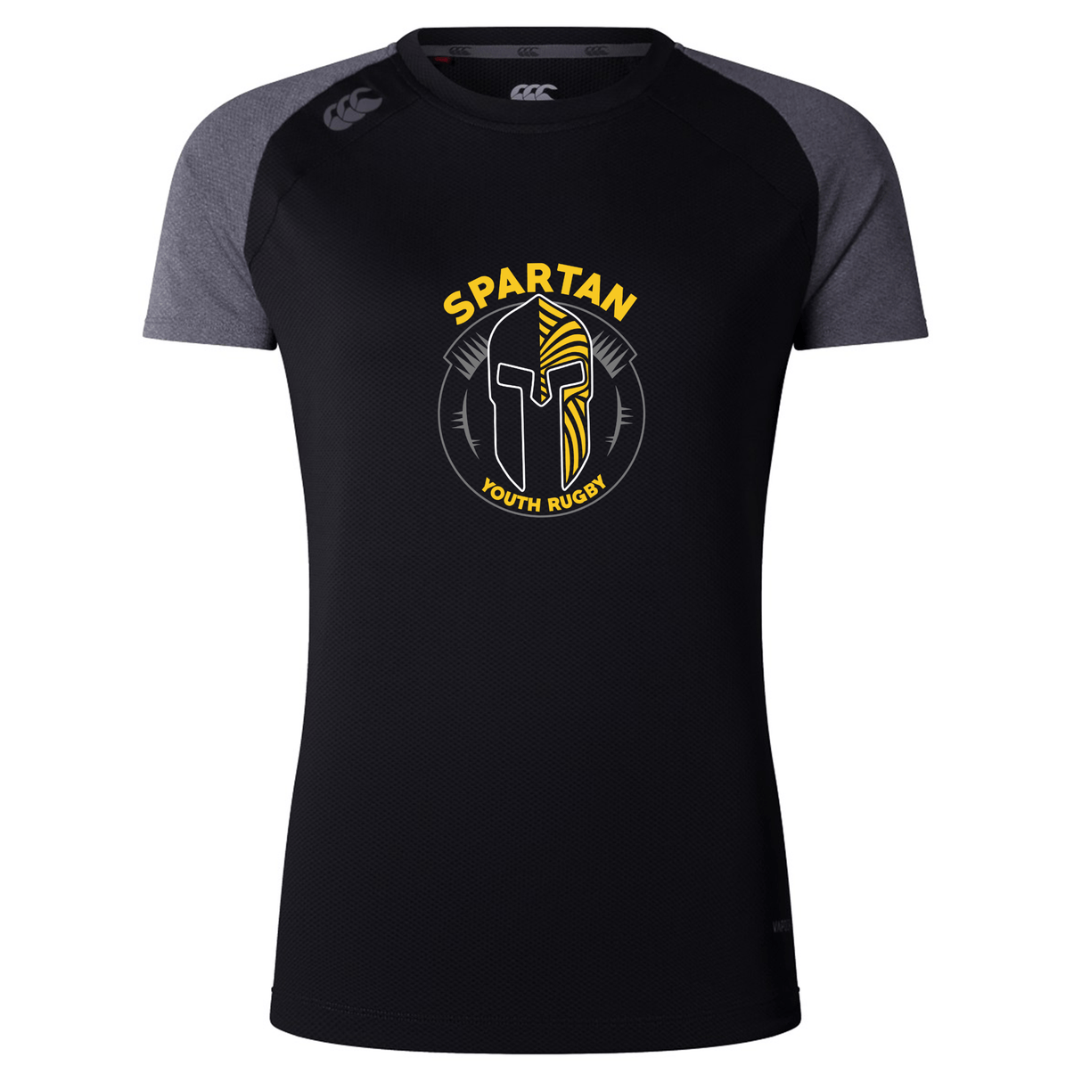 The Spartan Youth Rugby Women's Elite Training Tee by WRS Canterbury is a black and dark gray shirt with "SPARTAN YOUTH RUGBY" and a gold Spartan helmet logo on the chest, made from lightweight breathable fabric—ideal for training.
