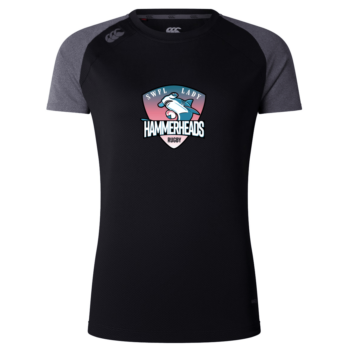 The SWFL Lady Hammerheads Women's Elite Training Tee by WRS Canterbury is a black and dark gray lightweight short-sleeve rugby shirt featuring the team logo, ideal for active training sessions.