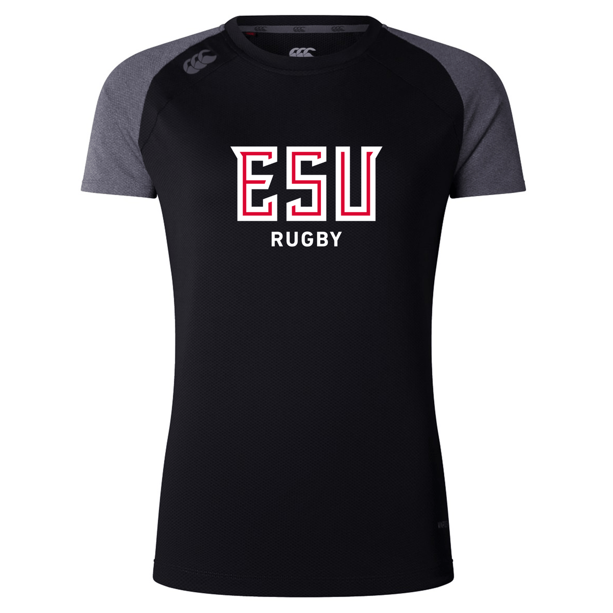 The WRS Canterbury East Stroudsburg University Women's Elite Training Tee features black and gray colors, "ESU RUGBY" in white and red on the front, and moisture-wicking fabric to keep you comfortable during workouts.