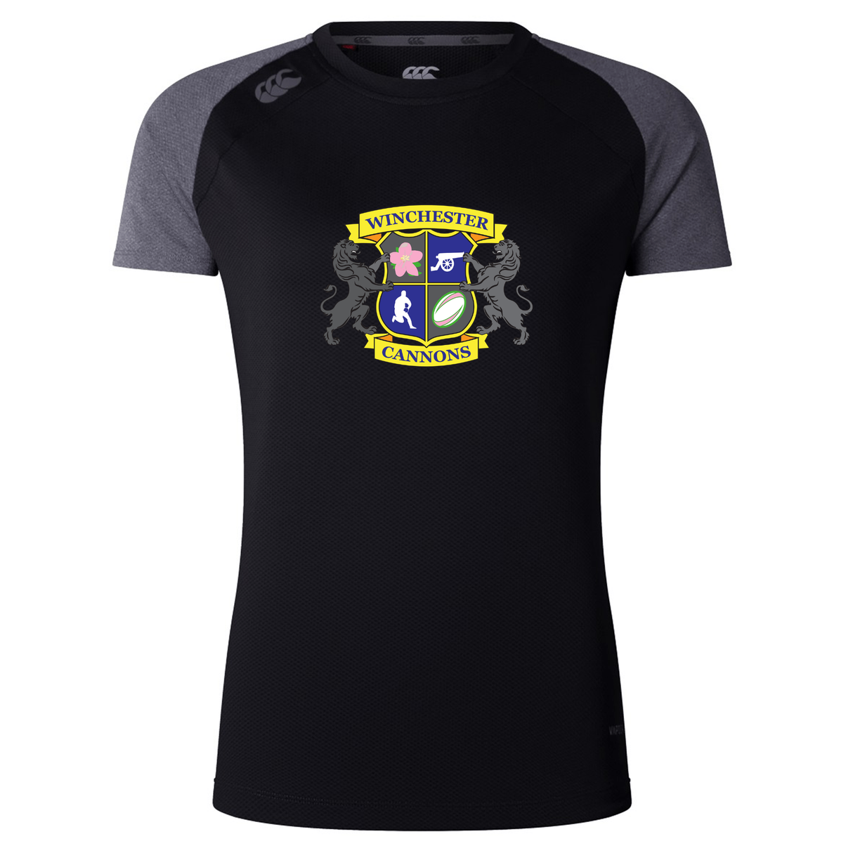 The Winchester Cannons Women's Elite Training Tee by WRS Canterbury is a black and dark gray moisture-wicking shirt with a crest, icons, and text on the front—perfect for staying cool and comfortable during intense workouts.