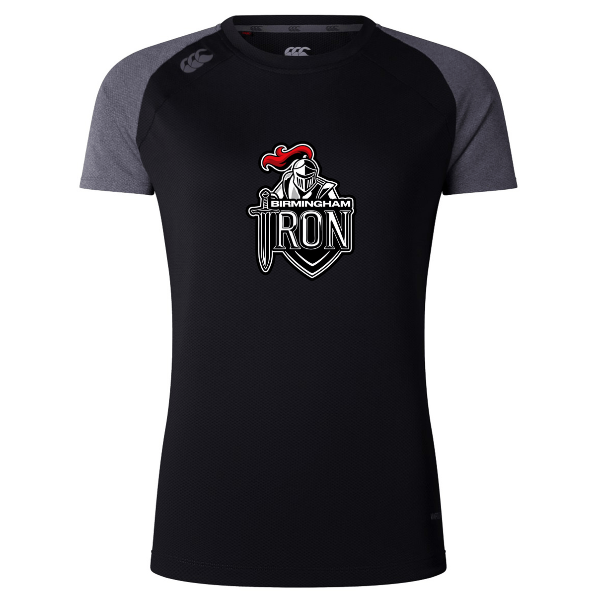The Birmingham Iron Women's Football Elite Training Tee by WRS Canterbury features the team logo on a black and dark gray quick-drying fabric, perfect for workouts or casual wear.