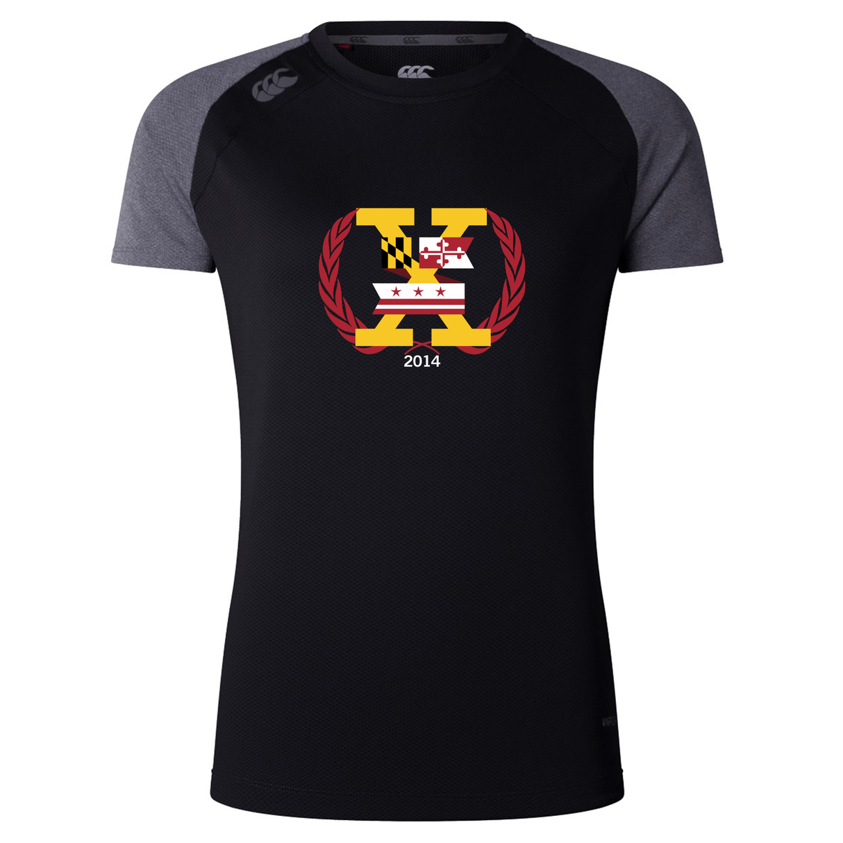 The Potomac Exiles Rugby Club Women's Elite Training Tee by Canterbury from WRS Canterbury features a black and gray short-sleeve design with an “H” logo, Maryland and DC flags, red laurel, and “2014” text on the chest. This breathable workout top is designed for comfort during intense sessions.