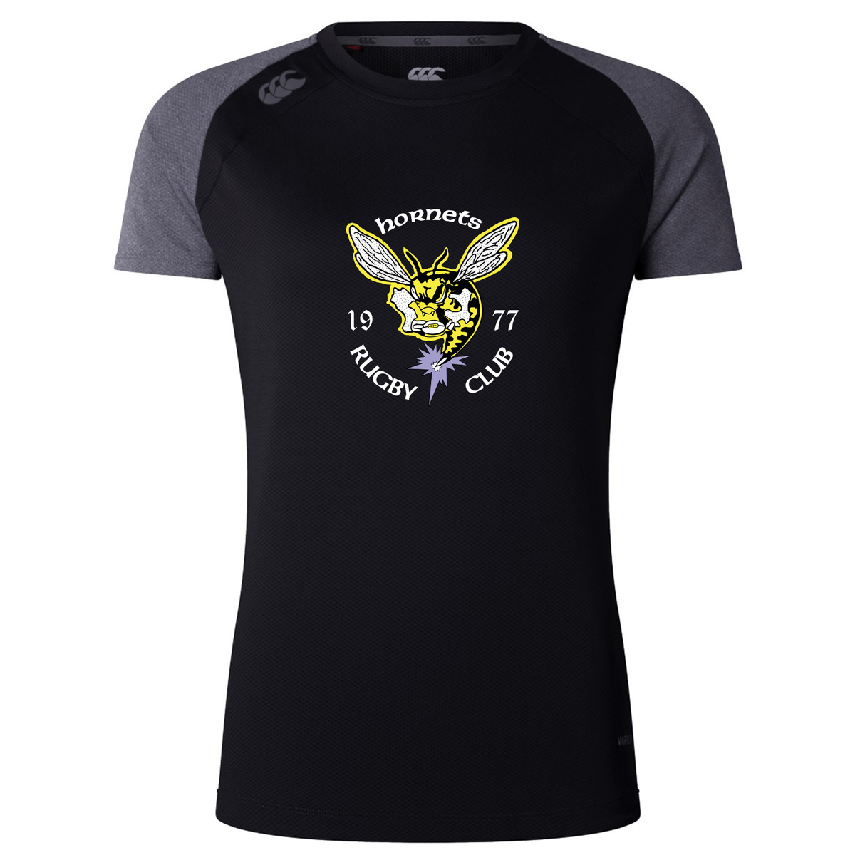 The Hornets Rugby Club 1977 Women's Elite Training Tee by WRS Canterbury is a black and gray short-sleeve shirt featuring a hornet logo, “Hornets Rugby Club” text, and “1977” on the front. Inspired by elite training designs, it offers lightweight comfort and moisture-wicking fabric for performance both on and off the field.