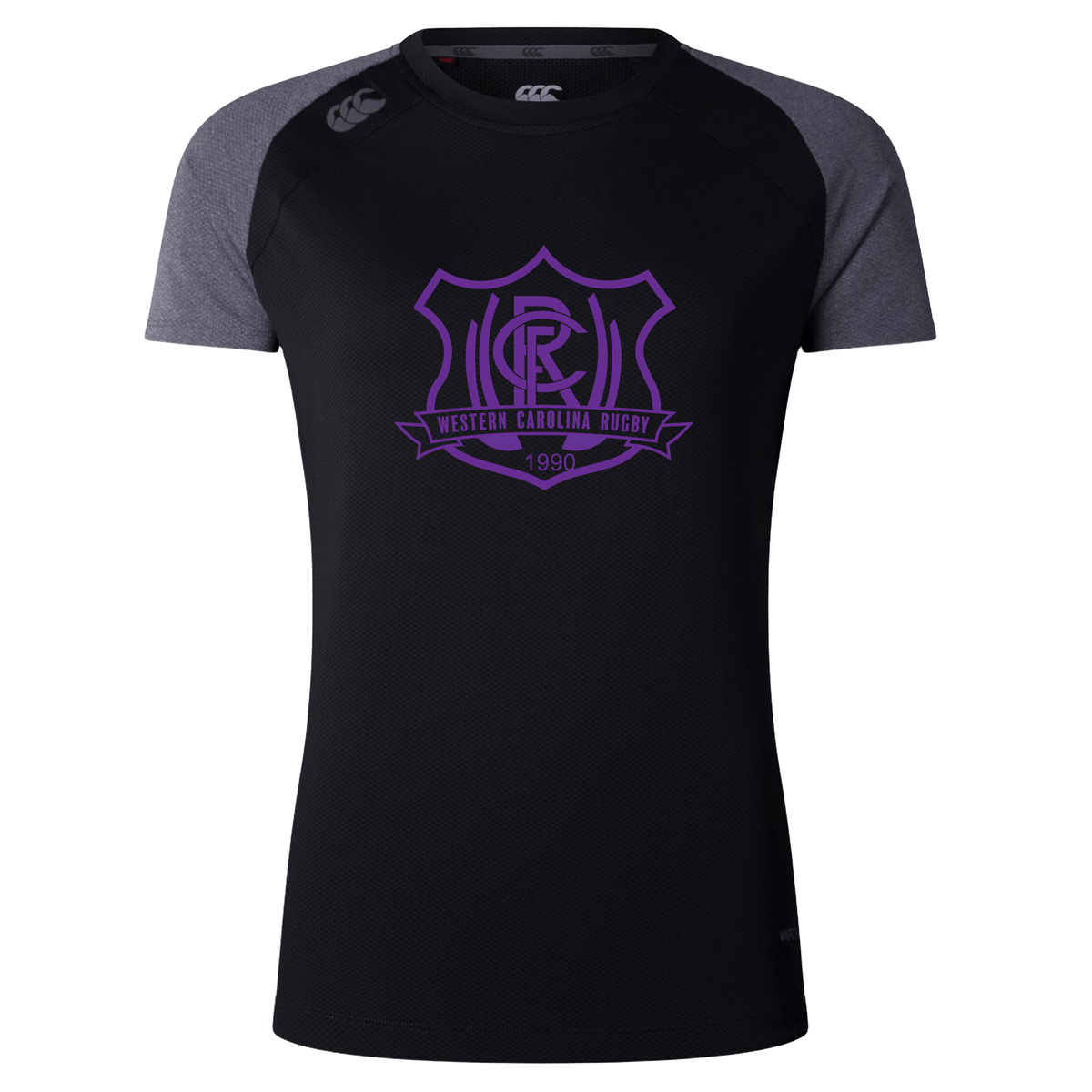 Western Carolina University Women’s Elite Training Tee by Canterbury in black with grey raglan sleeves and a purple Western Carolina Rugby crest on the chest.