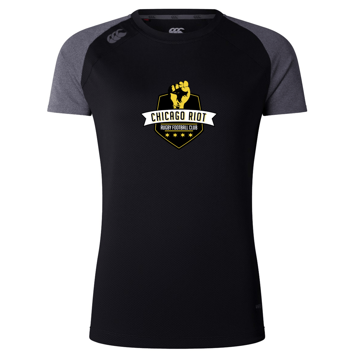 The Chicago Riot Women’s Elite Training Tee by Canterbury features black and gray colors, a yellow and white club logo on the front, and Vapodri technology for comfort. Designed by WRS Canterbury as a women's training shirt.