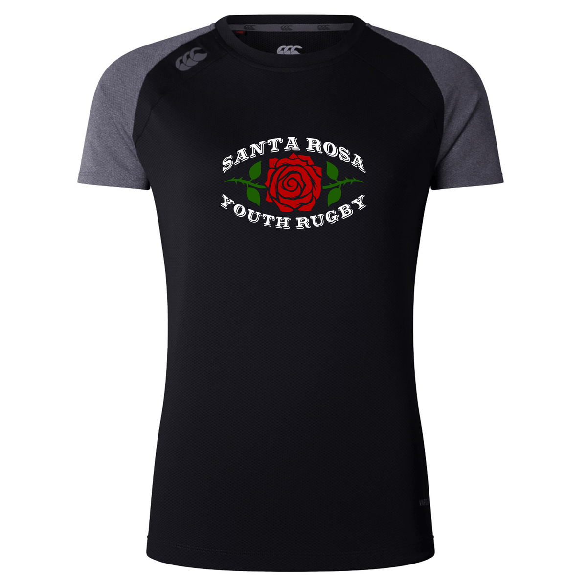The Santa Rosa Youth Rugby Women’s Elite Training Tee by Canterbury from WRS Canterbury is a black athletic shirt with gray sleeves, adorned with a red rose and the text “Santa Rosa Youth Rugby” on the chest. Made from lightweight, moisture-wicking fabric, this elite training tee is designed to keep you comfortable during every workout.
