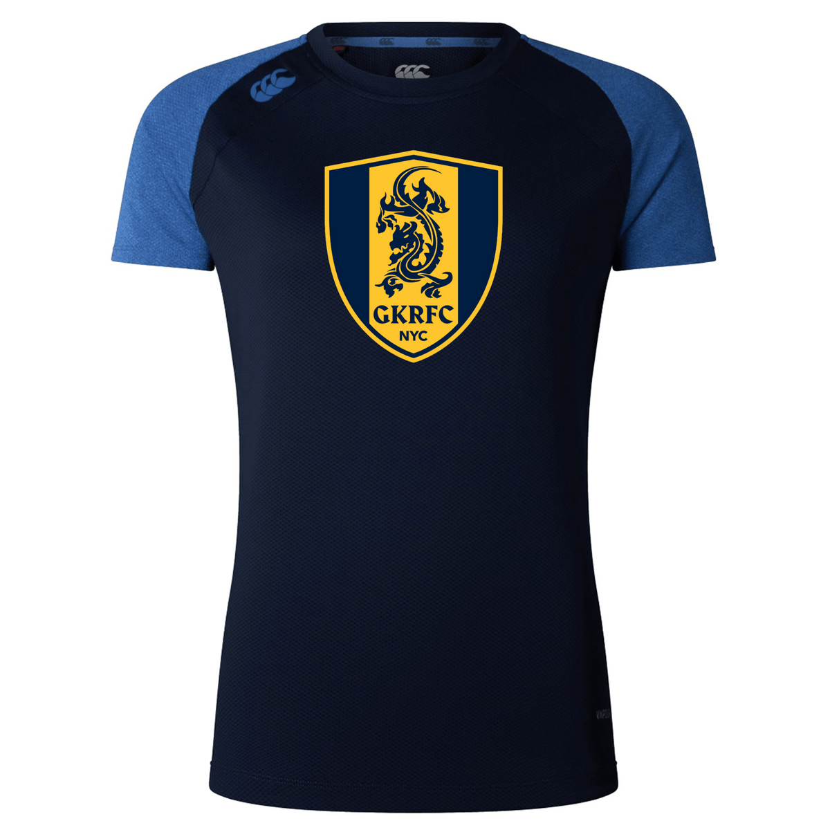 The Gotham Knights Women's Elite Training Tee by Canterbury is a navy blue and dark blue shirt featuring a yellow and blue shield with a dragon and "GKRFC NYC" in the center. Crafted with Vapodri Technology by WRS Canterbury, it ensures optimal performance, with the manufacturer's logo visible on the shoulder.