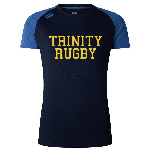 Introducing the Trinity College Women's Elite Training Tee by Canterbury, crafted in navy blue with short sleeves made from lightweight fabric. This high-performance top features contrasting blue sleeves and bold yellow "TRINITY RUGBY" text on the front, equipped with Vapodri technology to ensure optimal performance.