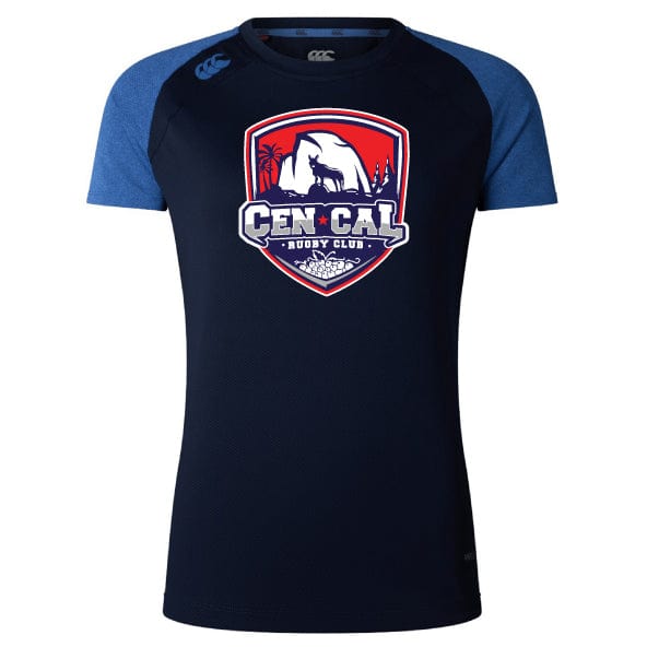 The CenCal Rugby Women's Elite Training Tee by WRS Canterbury is a navy and blue short-sleeved shirt with moisture-wicking fabric and a "Cen Cal Rugby Club" bear and trees logo on the front, ideal for comfortable workouts.