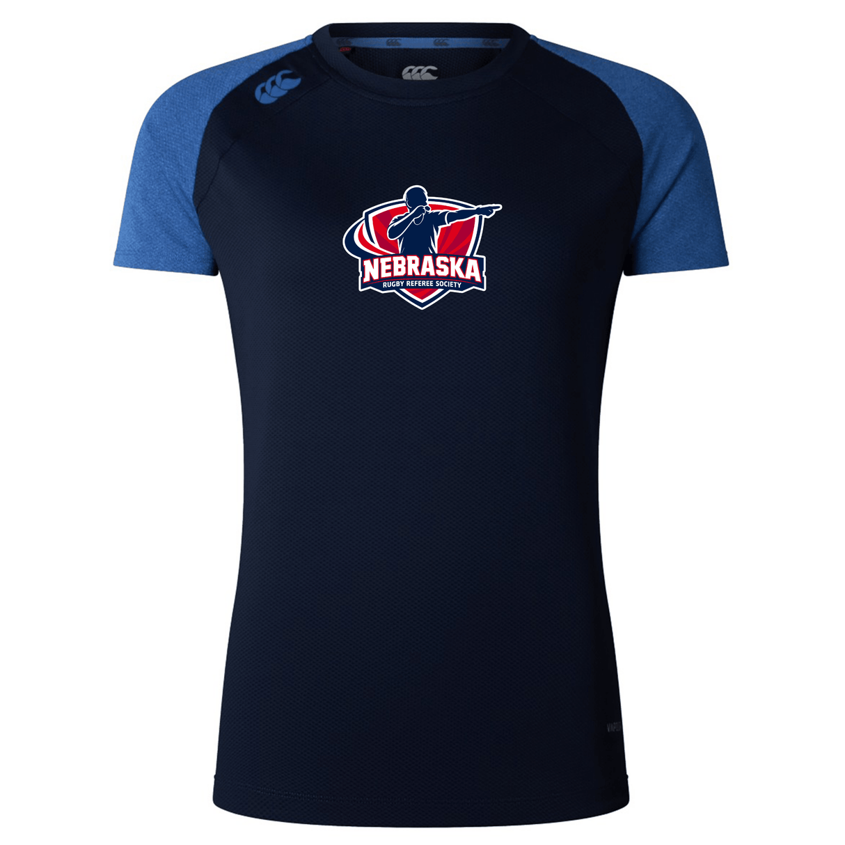 The Nebraska Rugby Referee Society Women's Elite Training Tee by WRS Canterbury features a "Nebraska" rifle logo on the chest and a small shoulder logo. This navy blue tee offers comfort and moisture-wicking for peak performance.