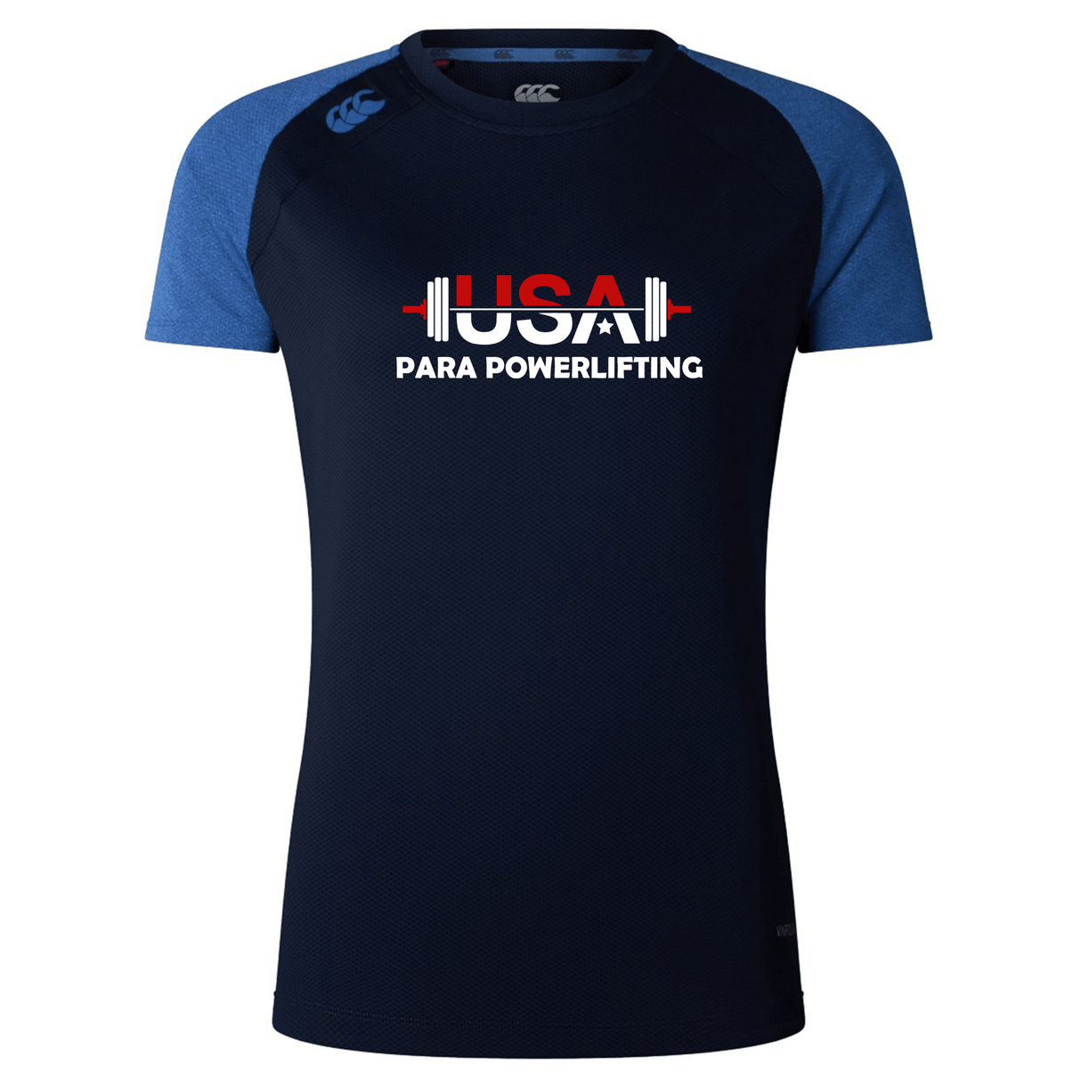The WRS Canterbury USA Para Powerlifting Women's Elite Training Tee is a lightweight, moisture-wicking navy and royal blue workout top featuring "USA Para Powerlifting" and a barbell graphic on the chest.