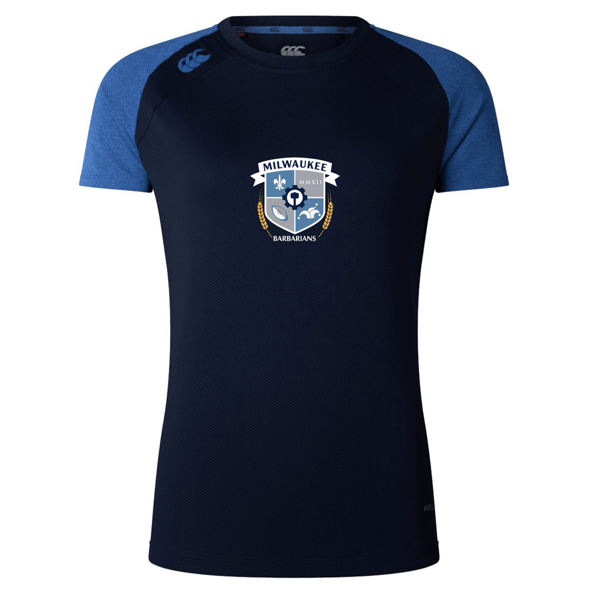 The Milwaukee Barbarians Rugby Women's Elite Training Tee by WRS Canterbury is a navy athletic shirt with blue sleeves and team logo—lightweight and ideal for tough workouts.