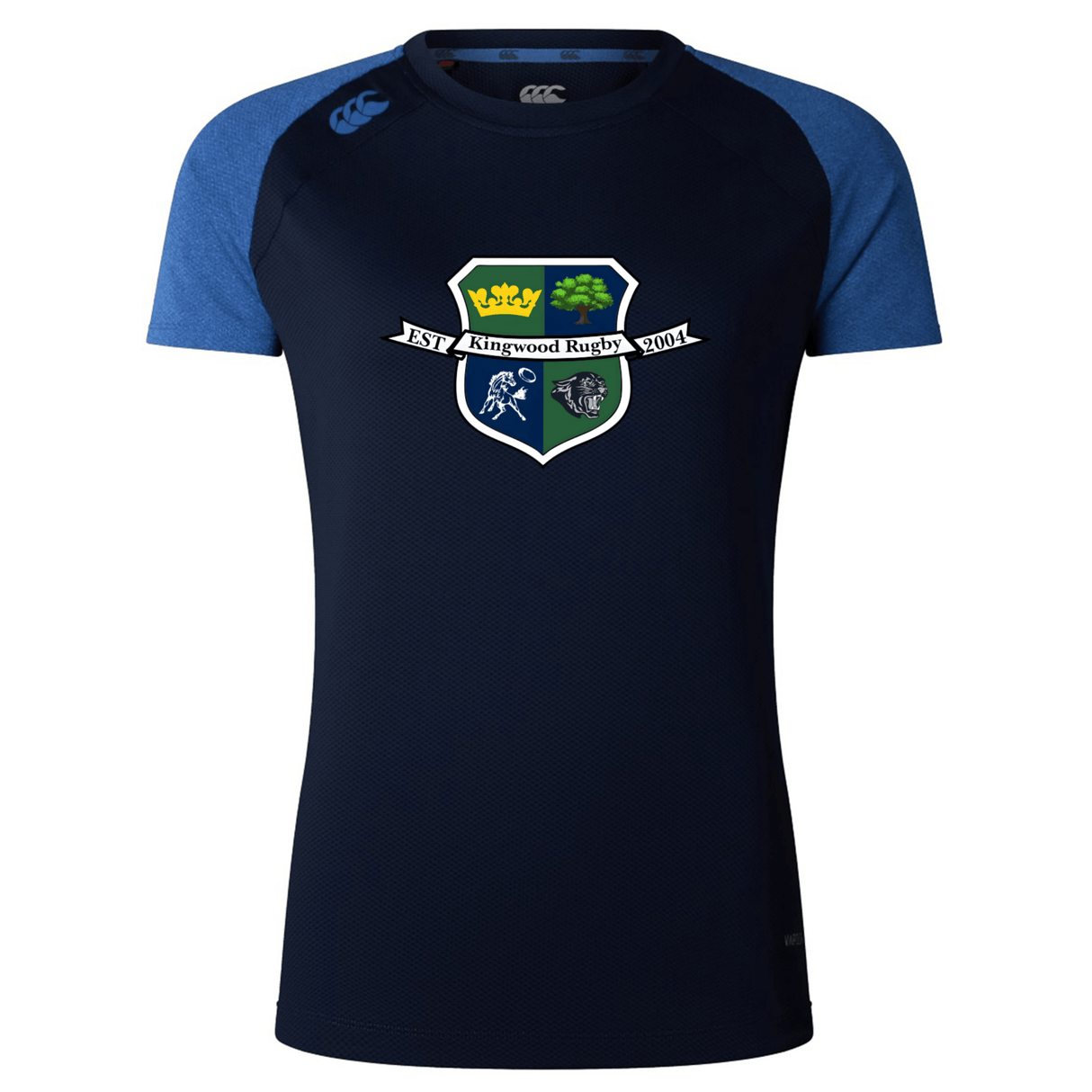 The Kingwood Rugby Women's Elite Training Tee by WRS Canterbury is a navy blue short-sleeve breathable workout top featuring the Kingwood Rugby crest.