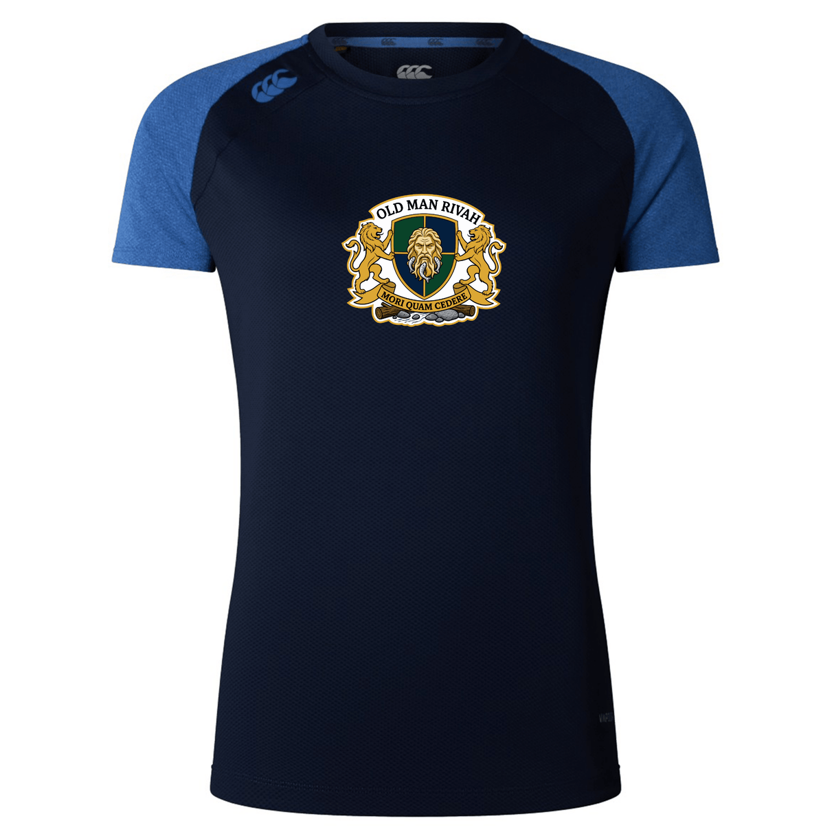 The WRS Canterbury Old Man Rivah Rugby Women's Elite Training Tee by Canterbury features navy and dark blue colors, lightweight breathable fabric, and a front crest with "Old Man Rival" and a bearded man's face.