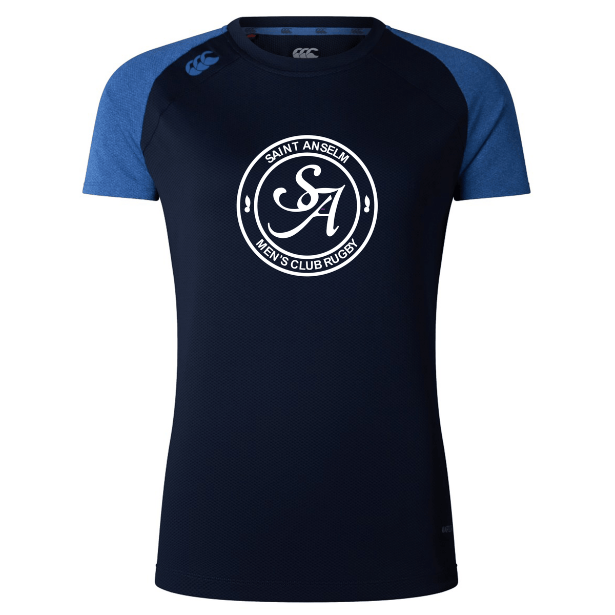 The Saint Anselm College Club Rugby Women’s Elite Training Tee by WRS Canterbury features blue sleeves, lightweight fabric, and a white Saint Anselm Men's Club Rugby logo on the chest.