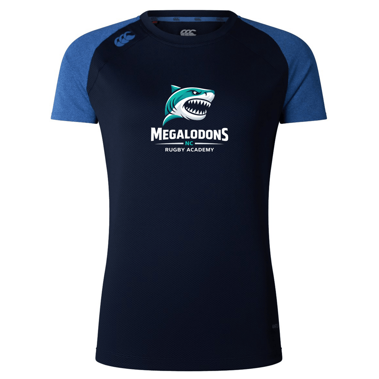 The NC Rugby Academy - Megalodons Women's Elite Training Tee by WRS Canterbury is a lightweight navy and blue short-sleeve shirt with a shark logo and "MEGALODONS NC RUGBY ACADEMY" print, perfect for breathable workouts.