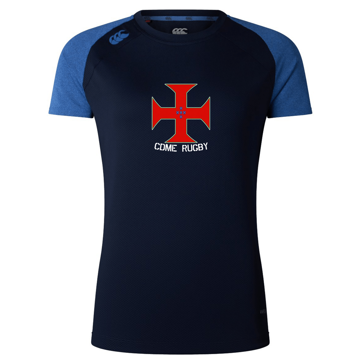 The SF CDME Rugby Women's Elite Training Tee by WRS Canterbury is a navy and blue short-sleeve rugby jersey featuring a red cross emblem and "CDME RUGBY" text on the front. Crafted as a lightweight women's training shirt, it offers moisture-wicking properties for comfort during intense sessions.