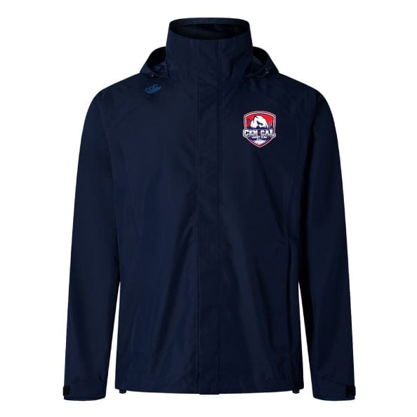 The CenCal Rugby Elite Storm Jacket by EMB Canterbury is a navy blue, breathable pitchside jacket with a front zipper, adjustable cuffs, and a "NorCal Premier" horse crest on the left chest.