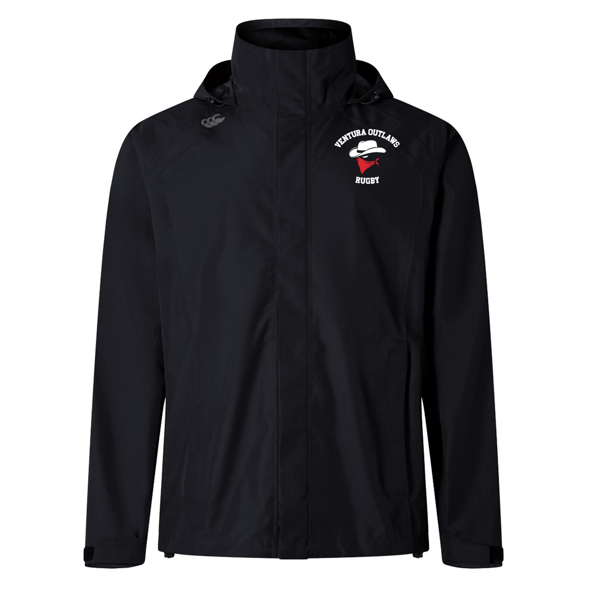 Ventura Outlaws Rugby Elite Storm Jacket by Canterbury, created by EMB Canterbury, features a high collar and side pockets. Adorning the left chest is the "Ventura Outlaws Rugby" logo alongside a red hat graphic. Crafted from Vaposhield Performance fabric for optimal breathability, it’s perfect for all conditions.