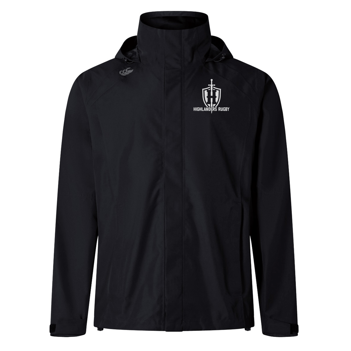 A Highlanders Rugby NC Elite Storm Jacket by EMB Canterbury, in black, featuring a hood and the Highlanders Rugby logo on the left chest, designed with Vaposhield performance for ultimate waterproof protection.
