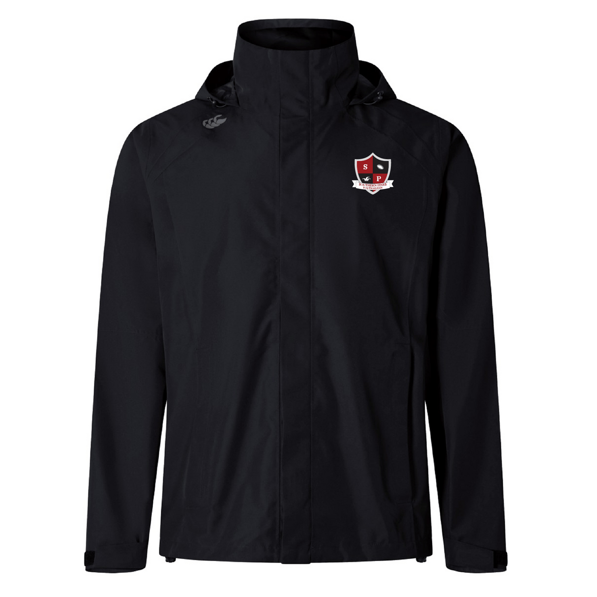 The Southern Pines Youth Rugby Elite Storm Jacket by EMB Canterbury boasts a high collar, long sleeves, and a hood. Its shield logo enhances the upper left chest, and the Vaposhield performance fabric confirms its top-tier waterproof quality.