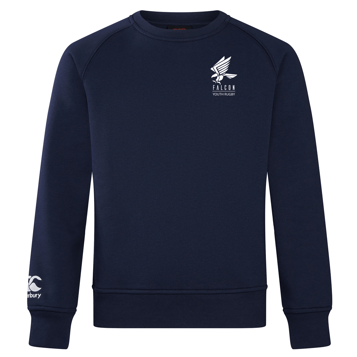 The ultra-soft Falcon Youth Rugby Embroidered Club Crew Sweatshirt by EMB Canterbury is in navy blue featuring a white falcon logo on the chest, a white logo on the sleeve, and an embroidered CCC logo for style.