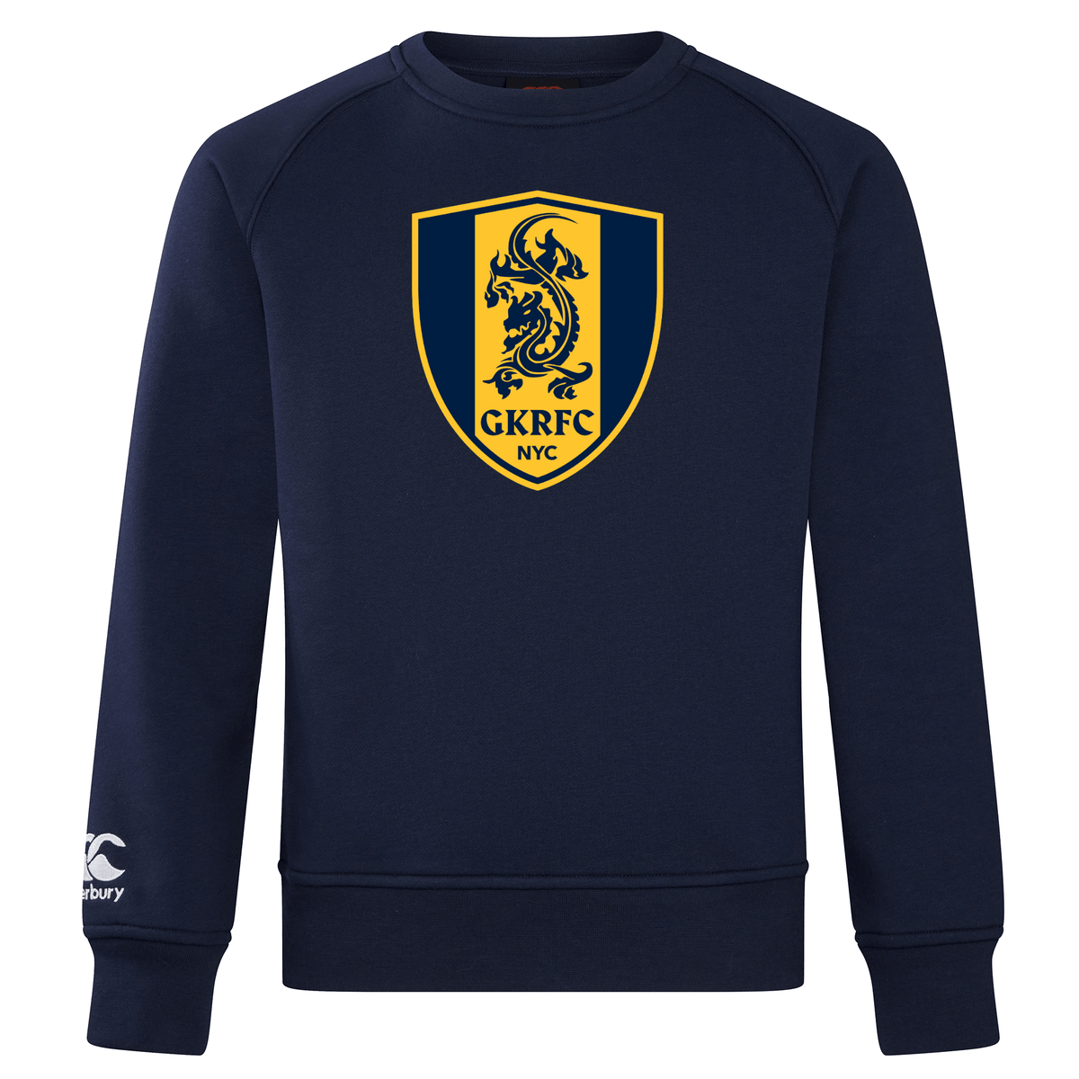 Gotham Knights Club Crew Sweatshirt by WRS Canterbury in navy blue, showcasing a large GKRFC NYC logo with a gold dragon on the front and an embroidered CCC logo on the sleeve, providing an ultra-soft feel.