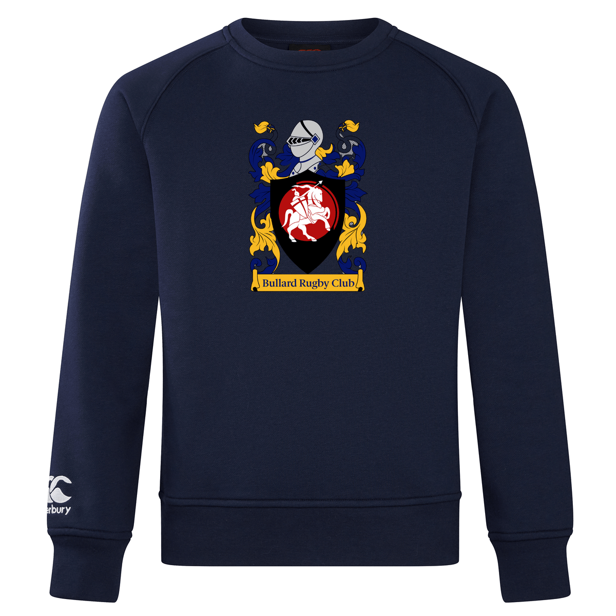 The Bullard Rugby Club Crew Sweatshirt by WRS Canterbury showcases a navy design adorned with a vibrant crest featuring a knight helmet and horse emblem, accompanied by the text "Bullard Rugby Club." Its ultra-soft construction is complemented by an embroidered CCC logo that accentuates its timeless style.