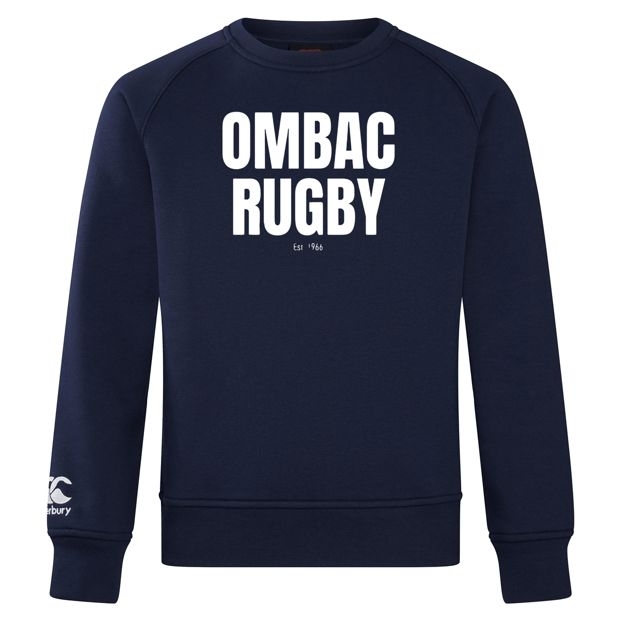 The OMBAC Rugby Club Crew Sweatshirt by WRS Canterbury is an ultra-soft navy blue garment featuring "OMBAC RUGBY Est 1966" printed in white on the chest and an embroidered CCC logo on the left sleeve, offering both style and comfort.