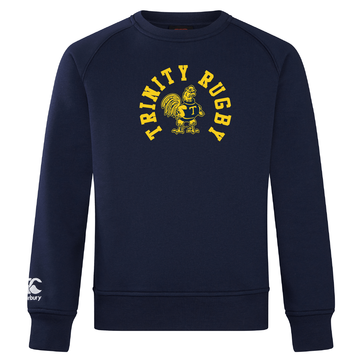 Introducing the Trinity College Club Crew Sweatshirt by WRS Canterbury—a navy blue sweatshirt showcasing "Trinity Rugby" alongside a vivid rooster emblem embroidered in yellow on the front. Made from ultra-soft fabric for maximum comfort, it features the distinctive Canterbury CCC logo embroidered stylishly on the sleeve.