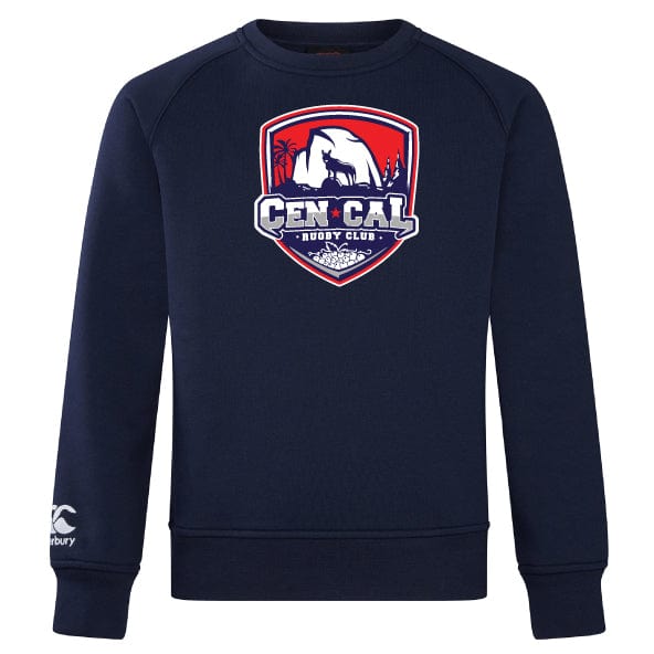 The CenCal Rugby Club Crew Sweatshirt by WRS Canterbury features a navy design with a "Cen Cal Rugby Club" crest, bear and trees, embroidered CCC logo on the sleeve, and ultra-soft fabric for lasting comfort.