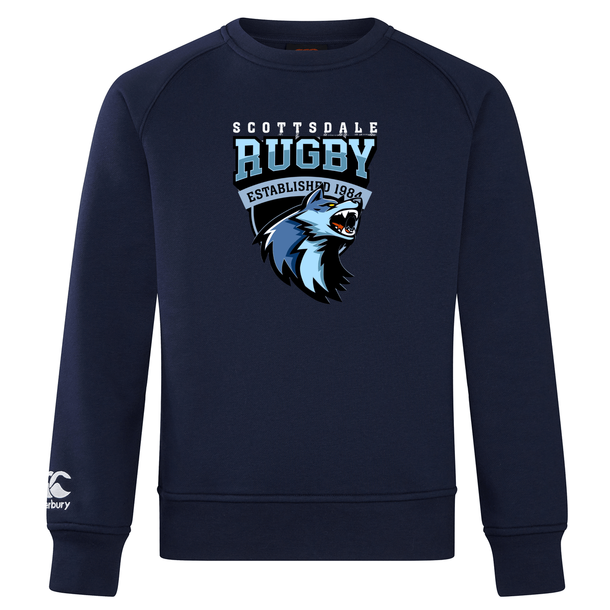 Navy blue WRS Canterbury sweatshirt with "Scottsdale Rugby Club Crew" and a fierce blue bird logo, established 1964, displayed on the front.