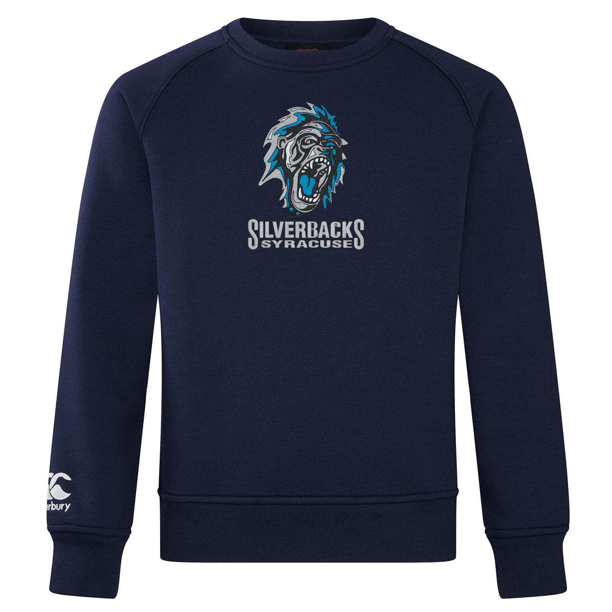 Navy blue Syracuse Silverbacks Club Crew Sweatshirt by Canterbury showcasing the "Silverbacks Syracuse" text and a graphic of a roaring gorilla, perfect for club enthusiasts.