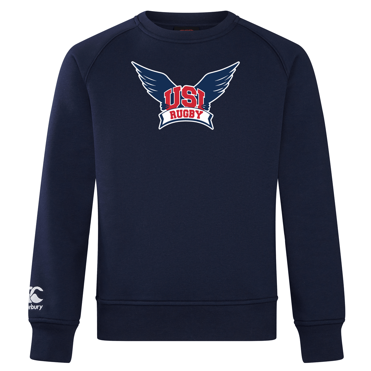 Navy blue University of Southern Indiana Club Crew Sweatshirt by WRS Canterbury featuring "USA Rugby" and a winged emblem on the front with a small white Club Crew logo on the left sleeve.