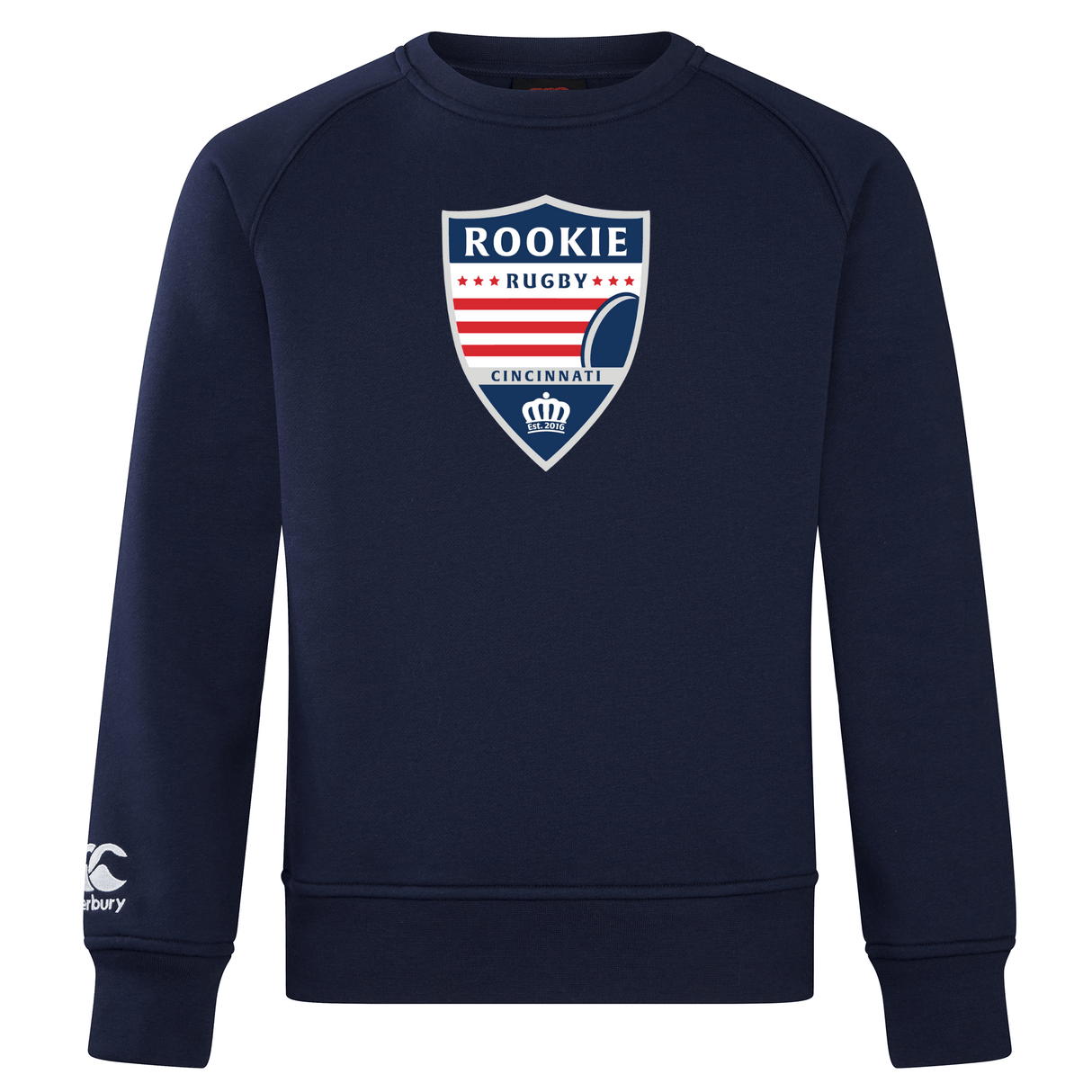 A navy blue Cincinnati Rookie Rugby Club Crew Sweatshirt by Canterbury with the "Rookie Rugby Cincinnati" logo on the front and a small white logo on the left sleeve.