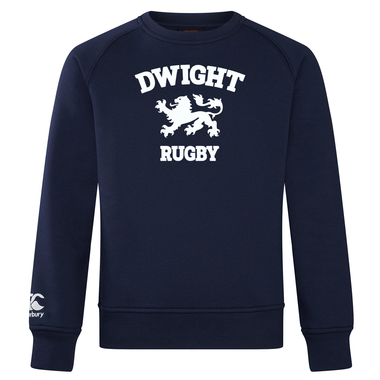Navy blue Dwight Rugby White Logo Club Crew Sweatshirt by WRS Canterbury with "DWIGHT RUGBY" and a lion graphic in white on the front. The Canterbury logo is on the left sleeve, showcasing classic Club Crew style.