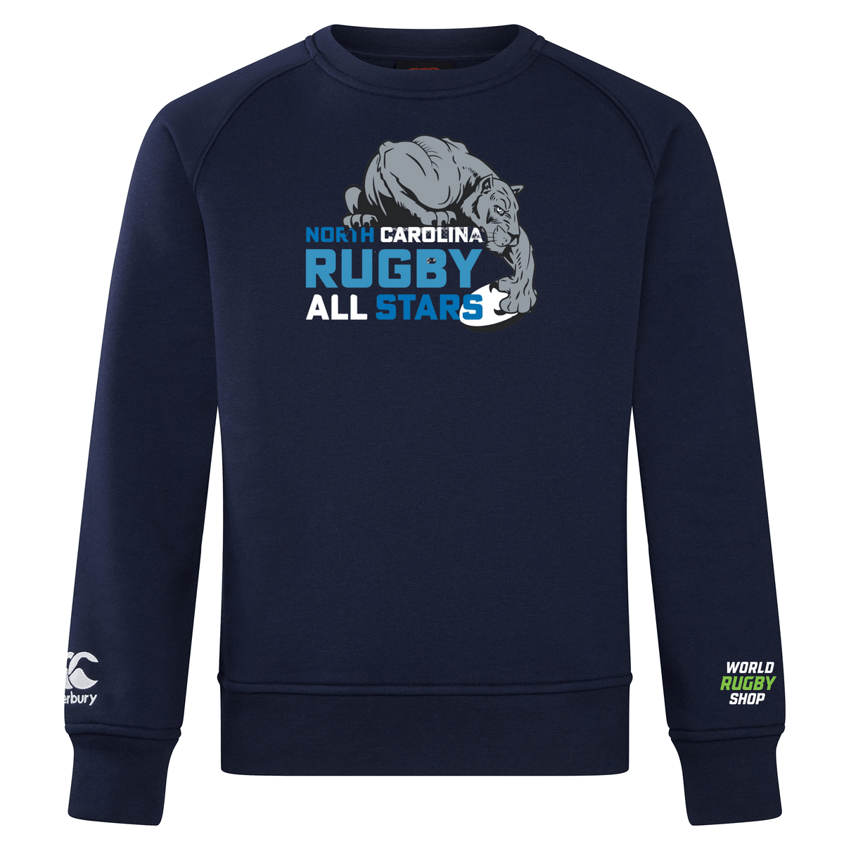NC All Stars Club Crew Sweatshirt by Canterbury in navy blue with "North Carolina Rugby All Stars" and a bear graphic on the front. WRS Canterbury logo on the left sleeve and "World Rugby Shop" on the right sleeve, perfect for club members.