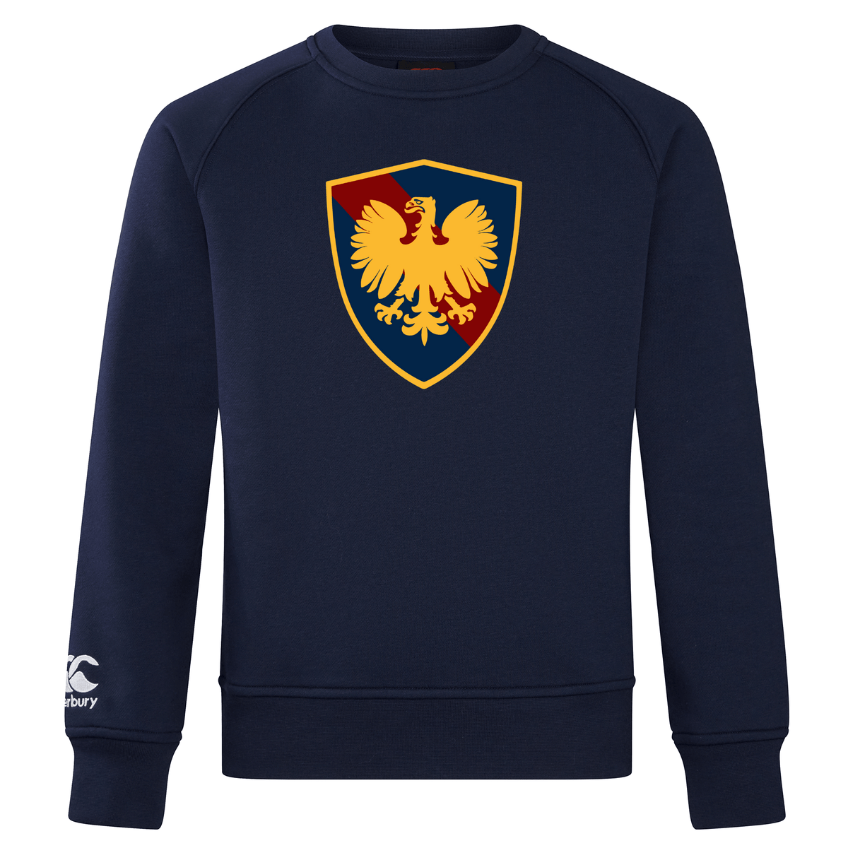 The Cincinnati Classical Academy Club Crew Sweatshirt by WRS Canterbury is an ultra-soft navy blue round neck sweatshirt, adorned with a yellow eagle emblem on a red and blue shield, and complemented by an embroidered CCC logo on the sleeve.