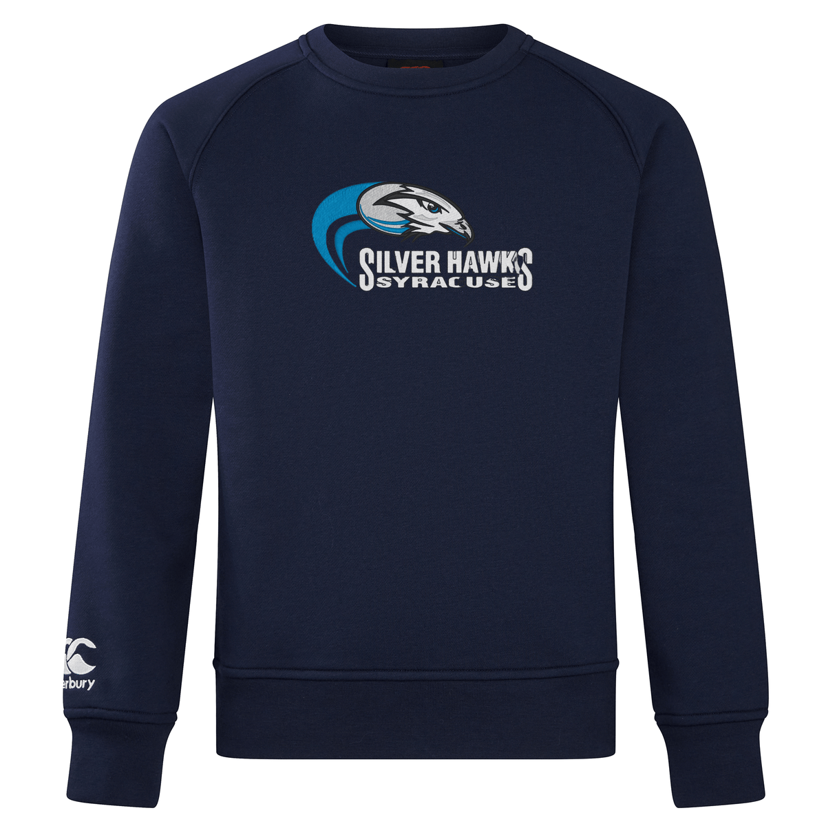 Presenting the ultra-soft Syracuse Silver Hawks Club Crew Sweatshirt by WRS Canterbury, showcasing a striking hawk design on the chest and a "Silver Hawks Syracuse" logo, with an embroidered CCC logo on the sleeve for added flair.