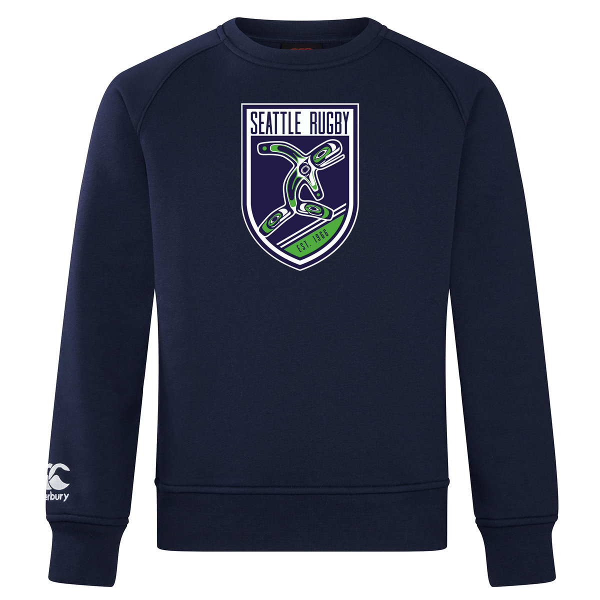 Navy blue crew sweatshirt featuring a Seattle rugby logo on the chest and the WRS Canterbury brand logo on the sleeve.