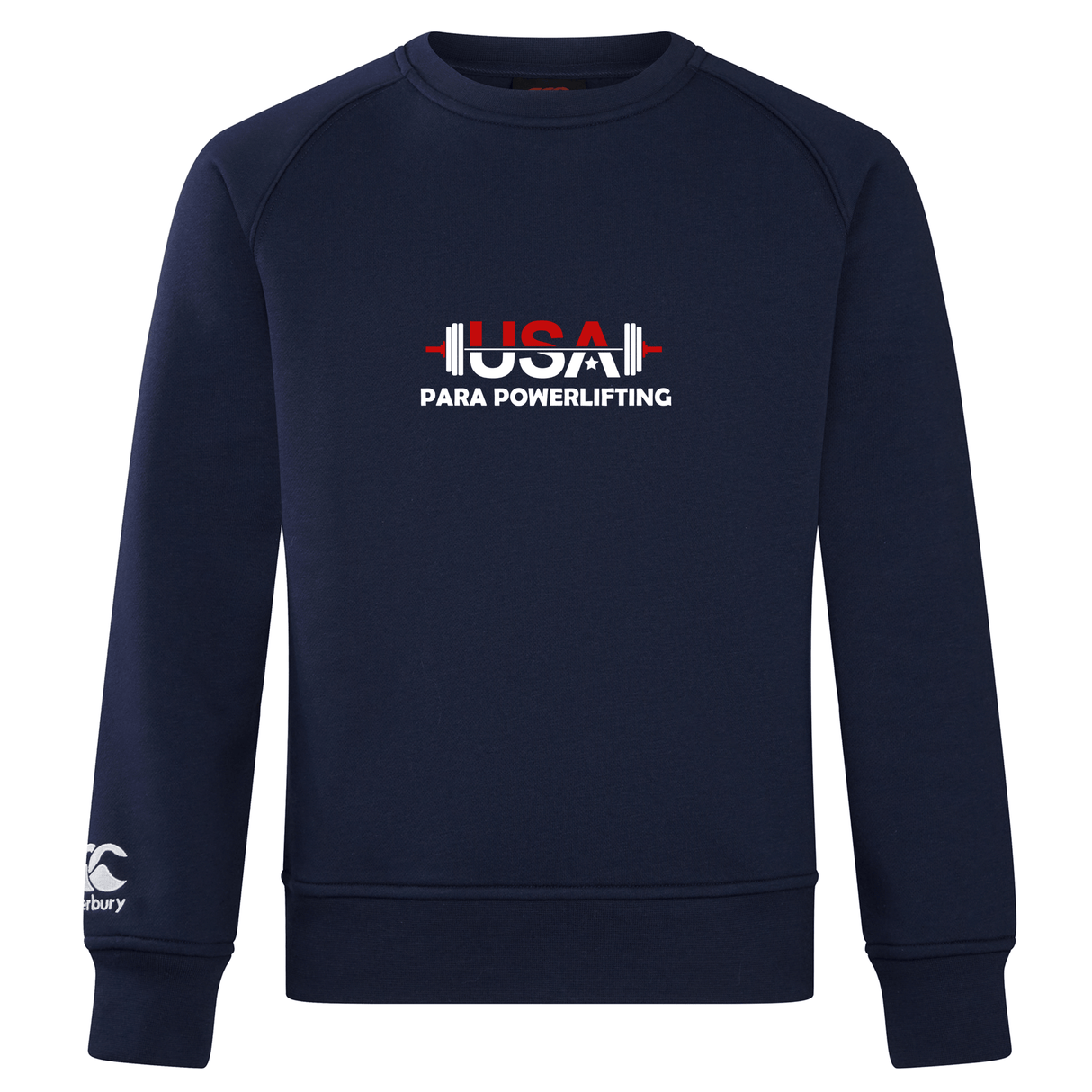 The USA Para Powerlifting Club Crew Sweatshirt by WRS Canterbury features “USA PARA POWERLIFTING” and a barbell graphic on navy blue, with a CCC logo on the sleeve in classic Canterbury style.