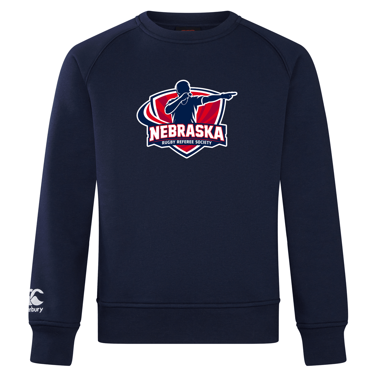 The Nebraska Rugby Referee Society Club Crew Sweatshirt by WRS Canterbury is a navy blue ultra-soft sweatshirt with a dabbing referee logo and embroidered CCC branding.