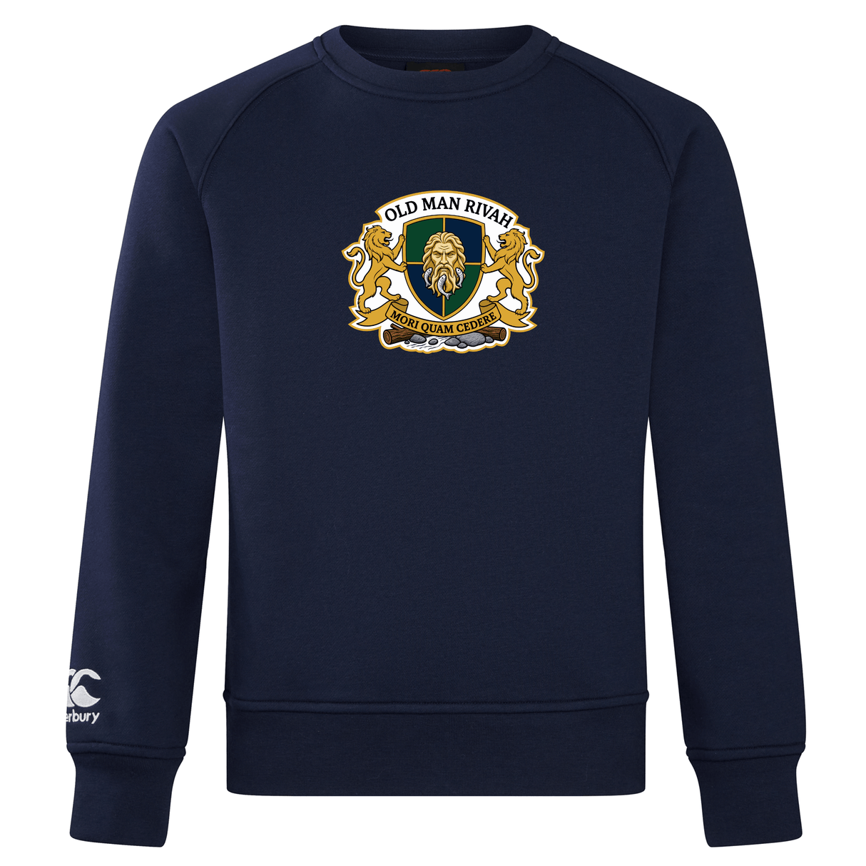 The Old Man Rivah Rugby Club Crew Sweatshirt by WRS Canterbury is a navy blue ultra-soft crew featuring a lion and shield crest with "OLD MAN RIVAY" and "MORE GUAM CIGARS" text, inspired by Canterbury's classic comfort.