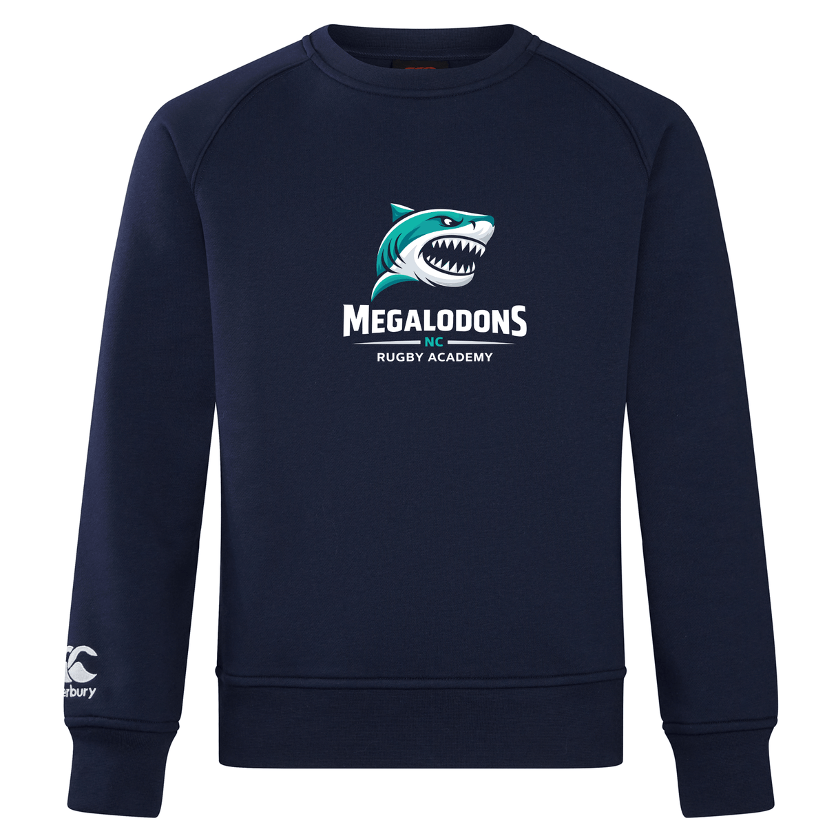 The NC Rugby Academy - Megalodons Club Crew Sweatshirt by WRS Canterbury is a navy ultra-soft sweatshirt featuring a cartoon shark and "Megalodons NC Rugby Academy" on the front, plus an embroidered CCC logo on the sleeve.