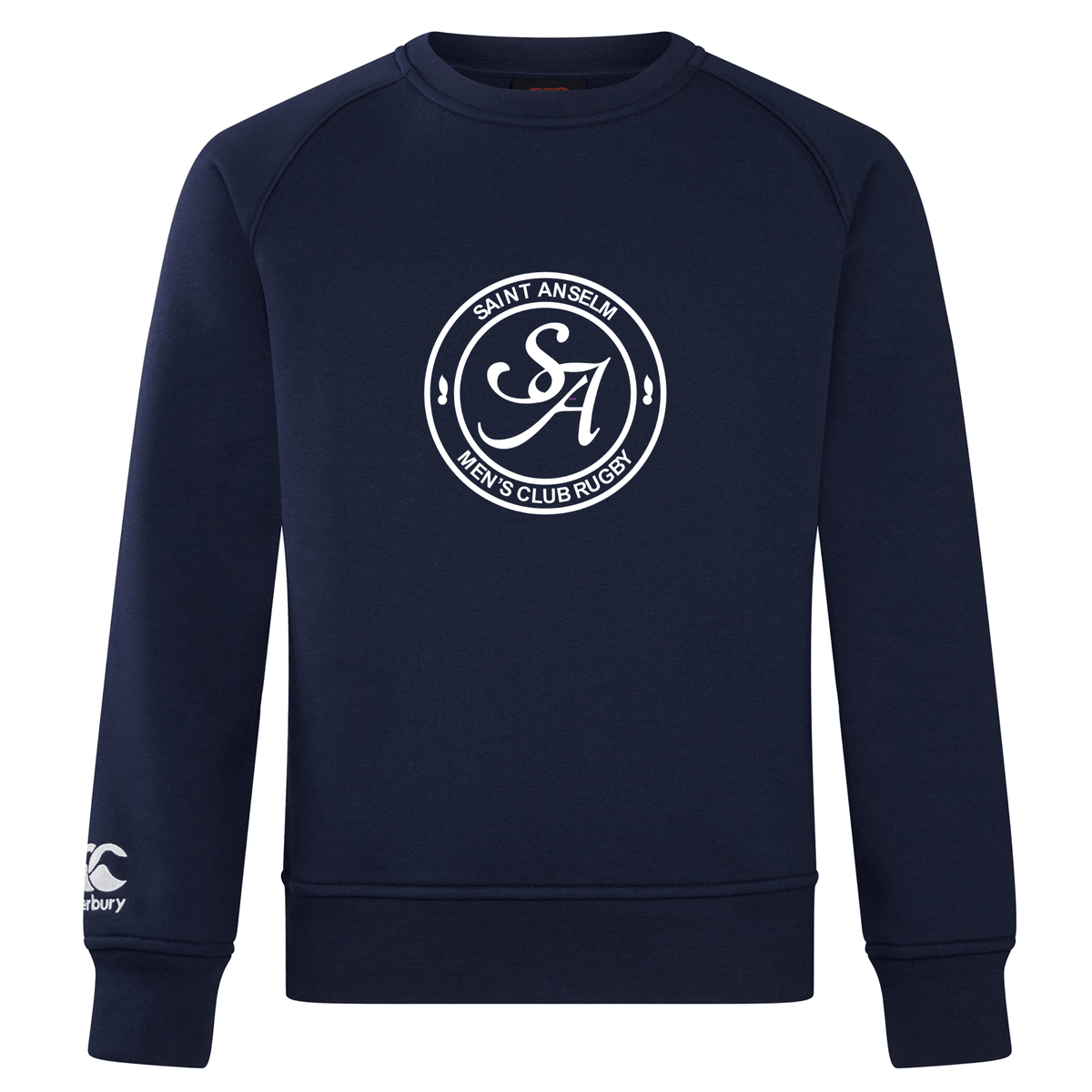 The Saint Anselm College Club Rugby Club Crew Sweatshirt by WRS Canterbury features a white "Saint Anselm Men's Club Rugby" chest logo and an embroidered CCC logo on the ultra soft navy blue left sleeve.