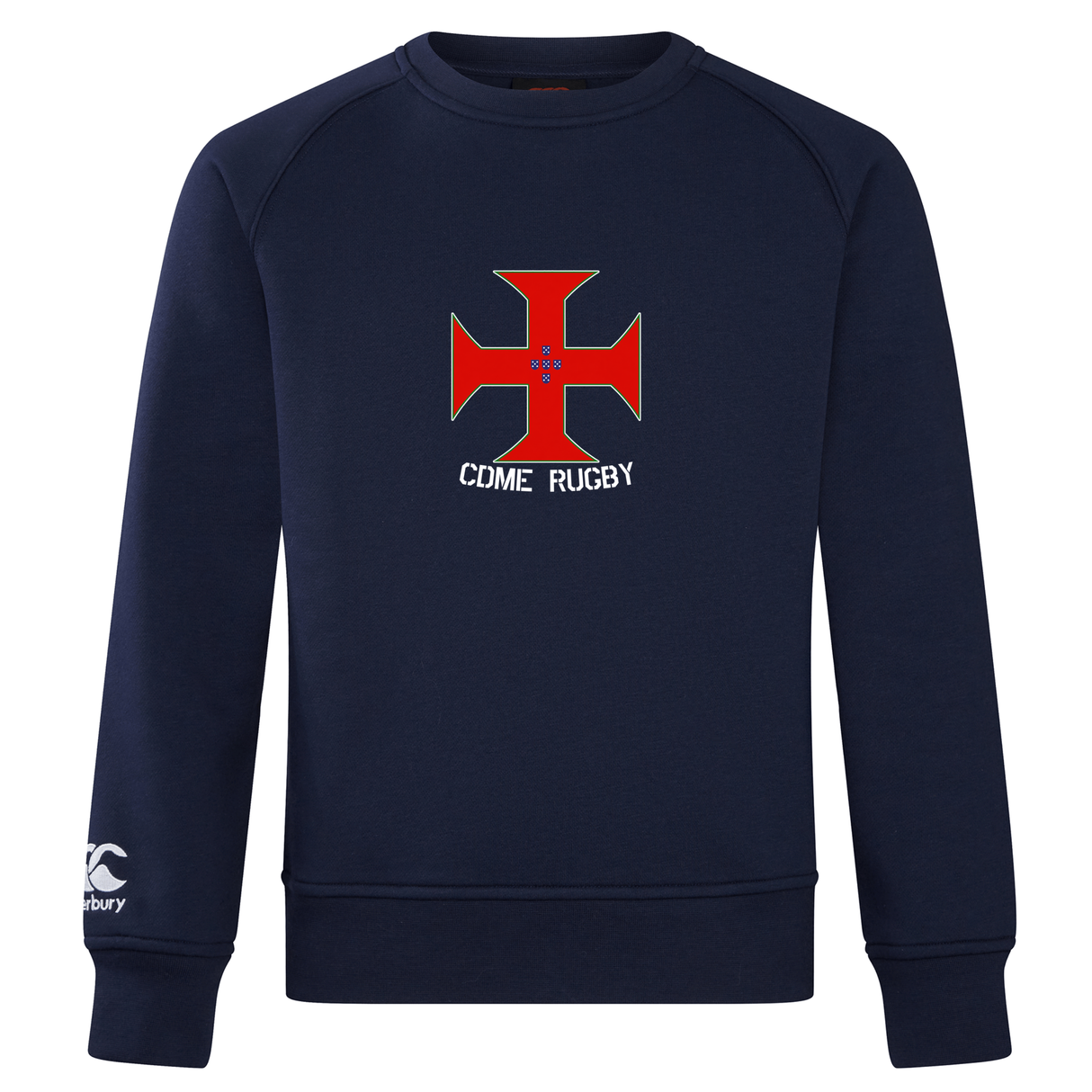 Introducing the SF CDME Rugby Club Crew Sweatshirt by Canterbury—a navy crewneck sweatshirt from WRS Canterbury. This ultra-soft piece features a distinctive red and white cross emblem and "CDME RUGBY" text on the chest, complemented by an embroidered CCC logo on the left sleeve. Part of the Canterbury Club Crew Sweatshirt collection, it offers both supreme comfort and timeless rugby style.