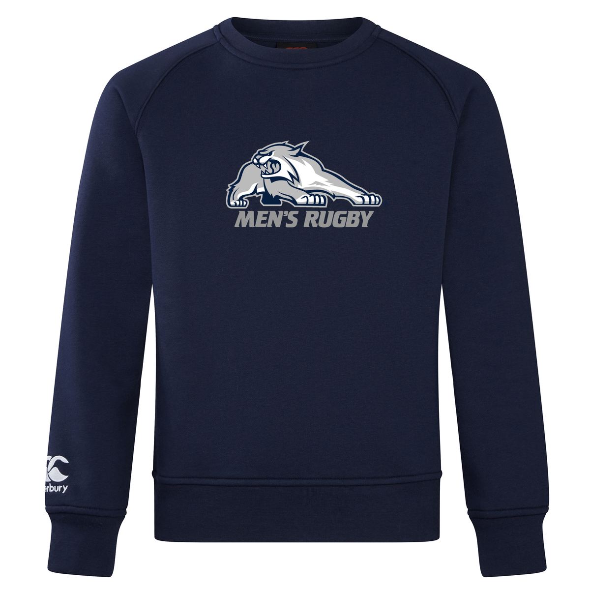 Navy blue University of New Hampshire Club Crew Sweatshirt by Canterbury featuring a crouching wildcat mascot and the text “MEN’S RUGBY” on the chest.