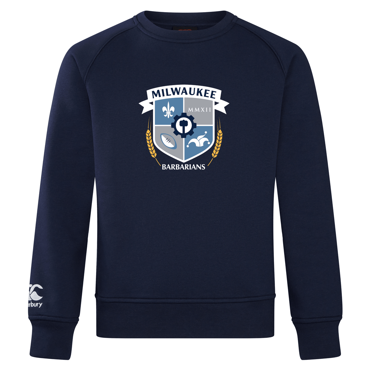 The Milwaukee Barbarians Rugby Club Crew Sweatshirt by Canterbury features the club crest on the chest and an embroidered CCC logo on the soft left sleeve. Brand: WRS Canterbury. Navy blue color.