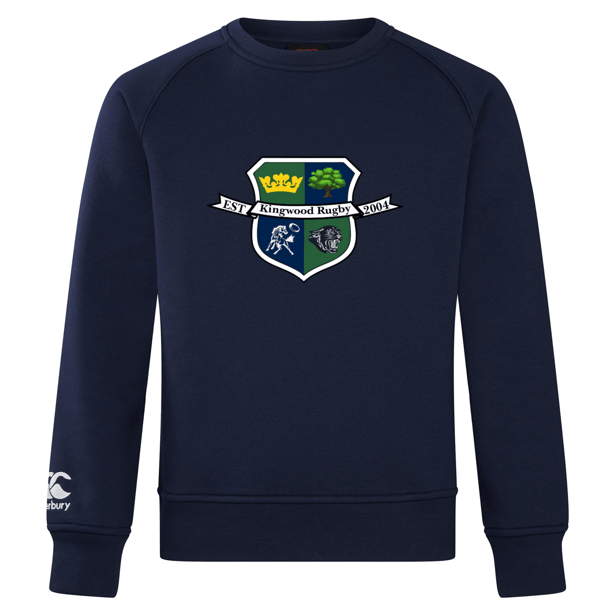 The Kingwood Rugby Club Crew Sweatshirt by Canterbury features a "Kingwood Rugby" crest with shield and banner, embroidered CCC logo on the left sleeve, and is made from ultra-soft fabric for comfort. Brand: WRS Canterbury.